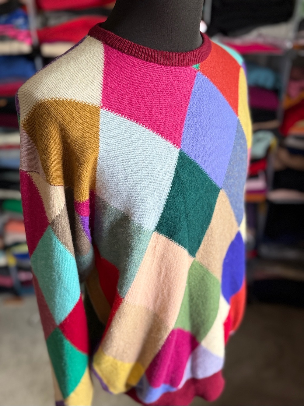 Multicolor Harlequin Argyle Crewneck Cashmere Intarsia Sweater